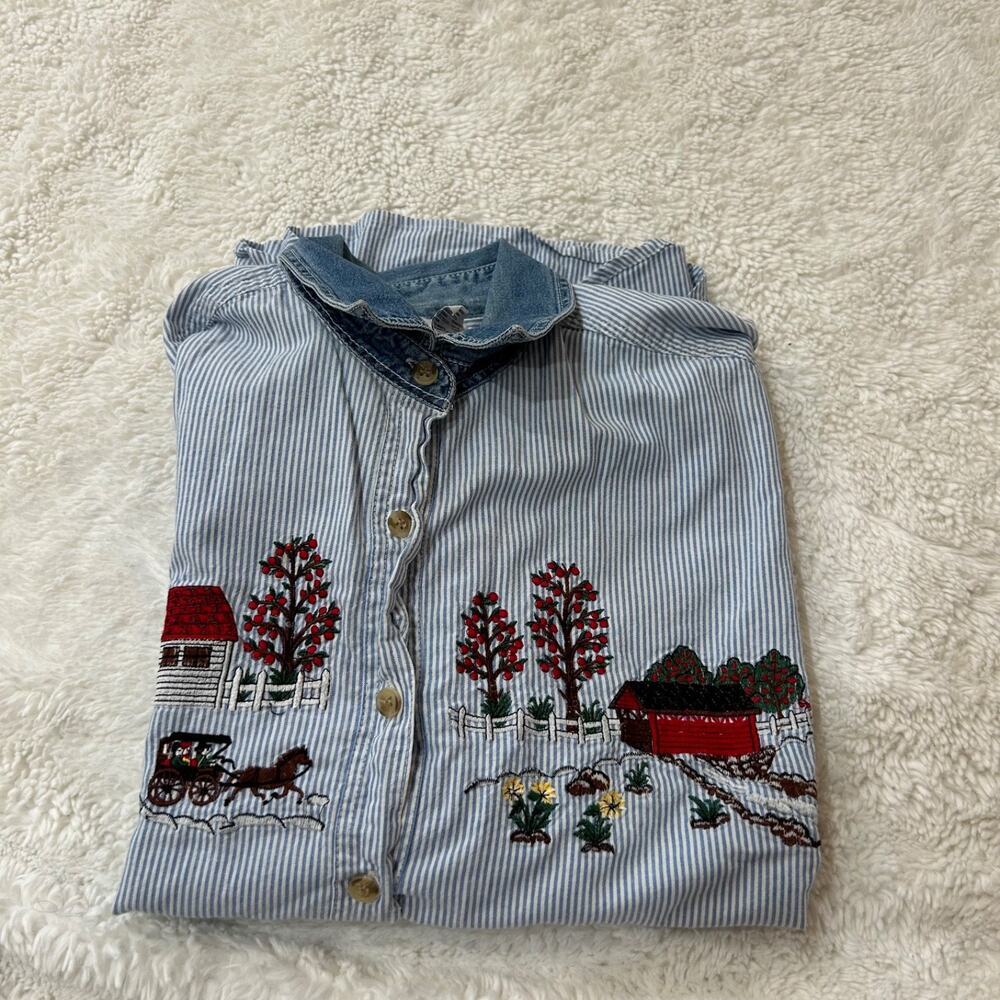 Womens Embroidered Cotton L Strips Horse Farm Girl Soft Tomato Blue Multicolor